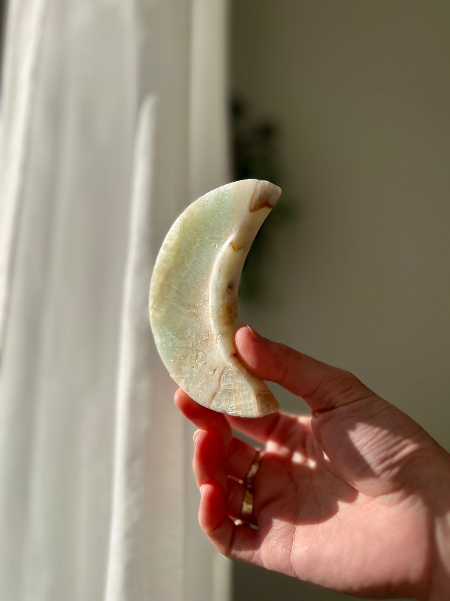 Green Calcite crescent moon bowl from Brazil