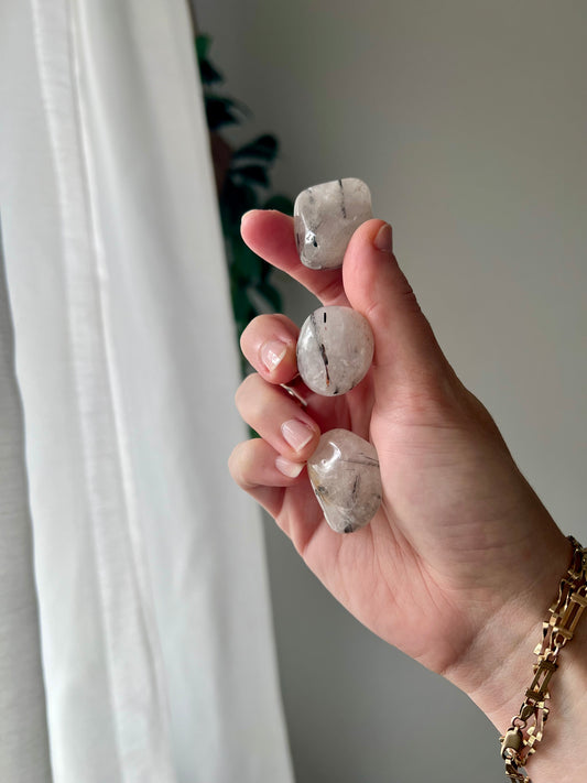 Black Tourmaline in Quartz tumbled stone from Brazil