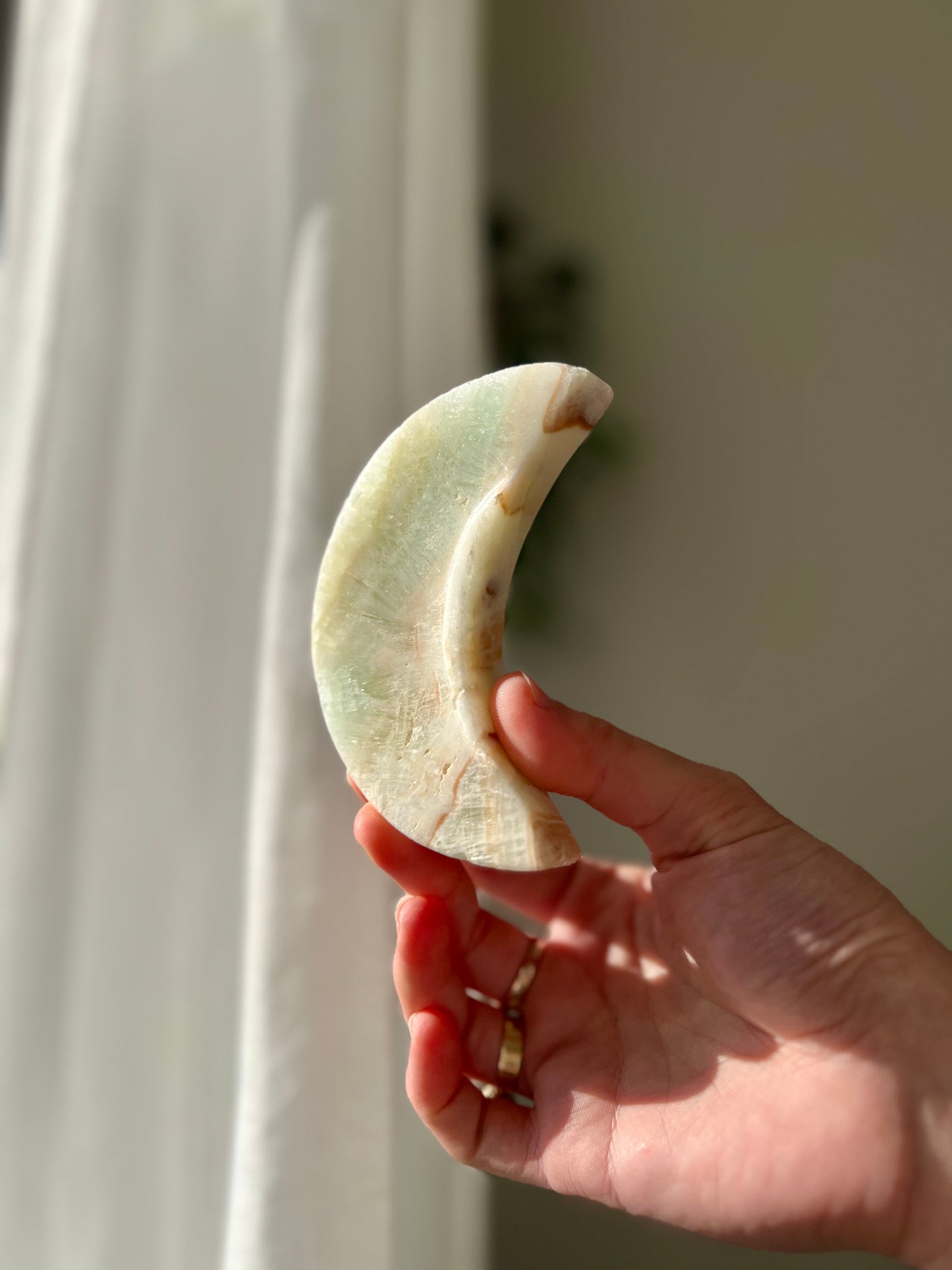 Green Calcite crescent moon bowl from Brazil