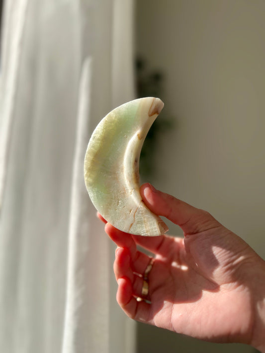 Green Calcite crescent moon bowl from Brazil
