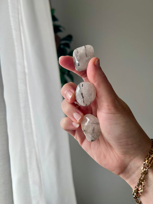 Black Tourmaline in Quartz tumbled stone from Brazil