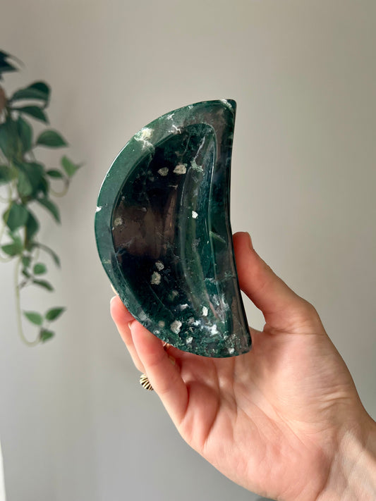 Moss Agate Crescent moon bowl from Brazil