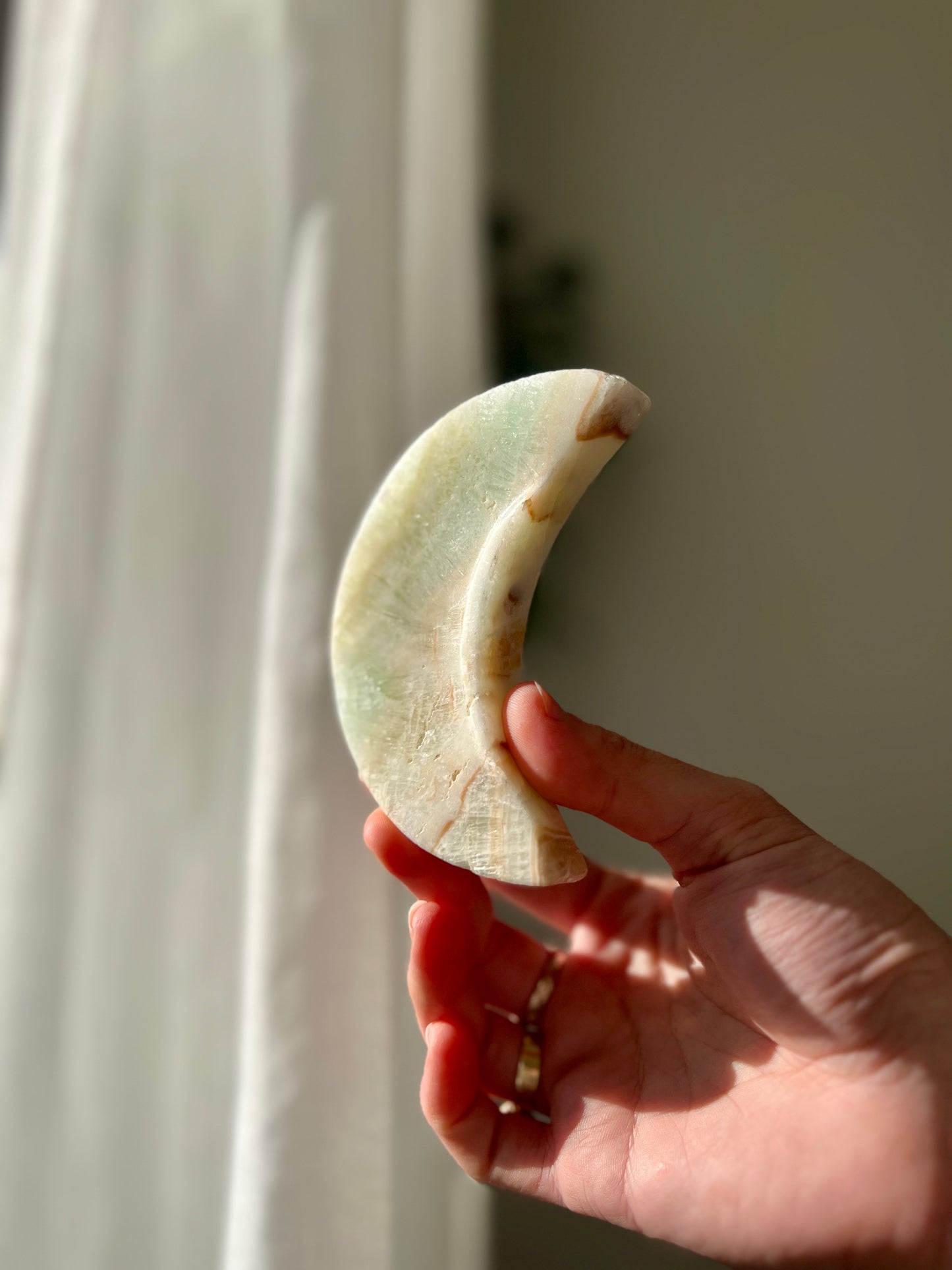 Green Calcite crescent moon bowl from Brazil