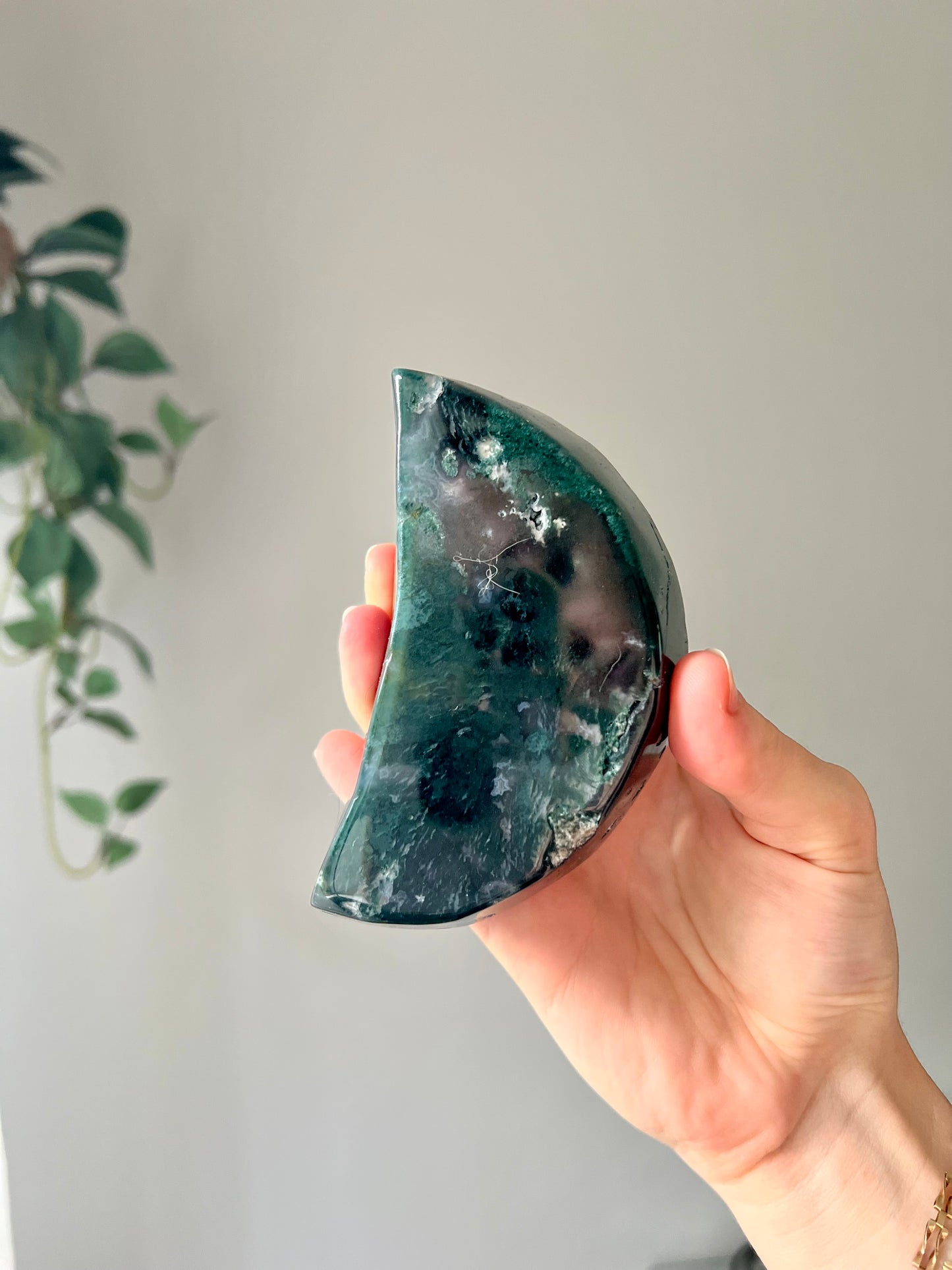 Moss Agate Crescent moon bowl from Brazil