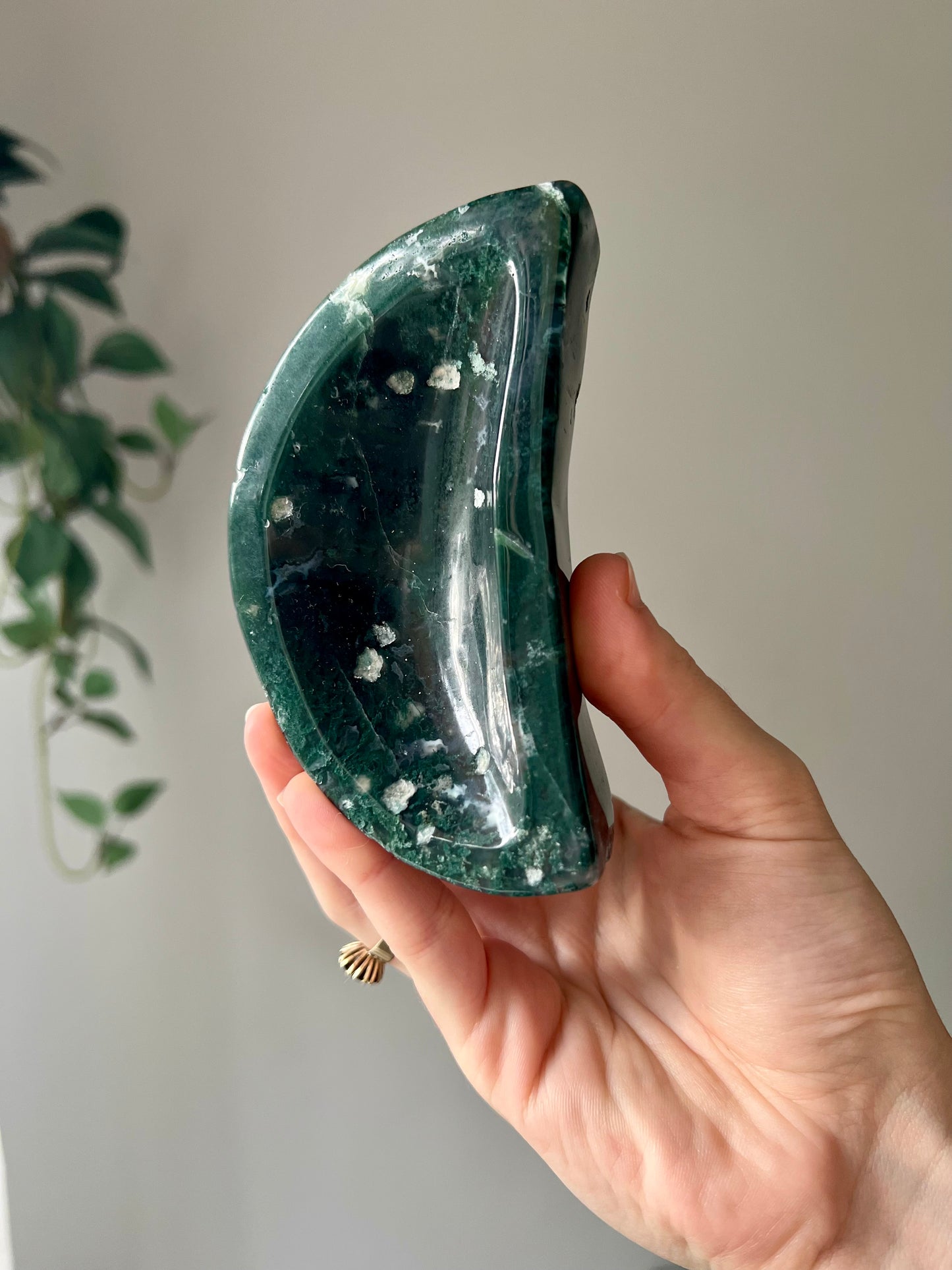 Moss Agate Crescent moon bowl from Brazil