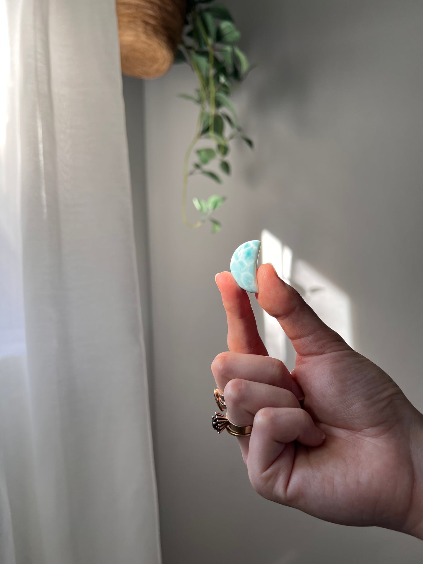 Rare Larimar crescent moon from The Dominican Republic