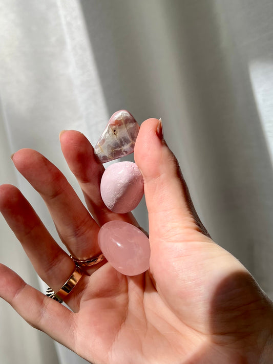 Trio of Phosphosiderite, Pink Agate and Rose Quartz