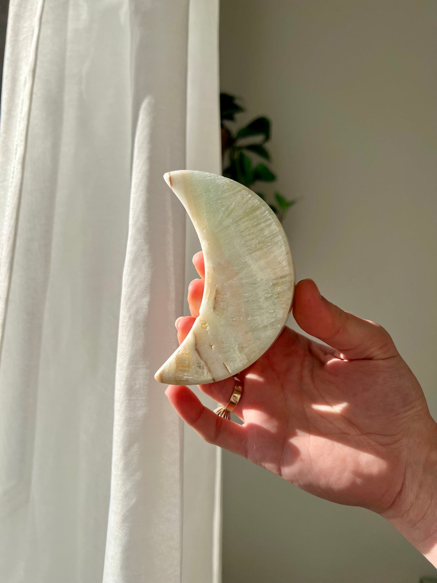Green Calcite crescent moon bowl from Brazil