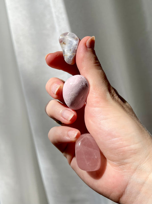 Trio of Phosphosiderite, Pink Agate and Rose Quartz