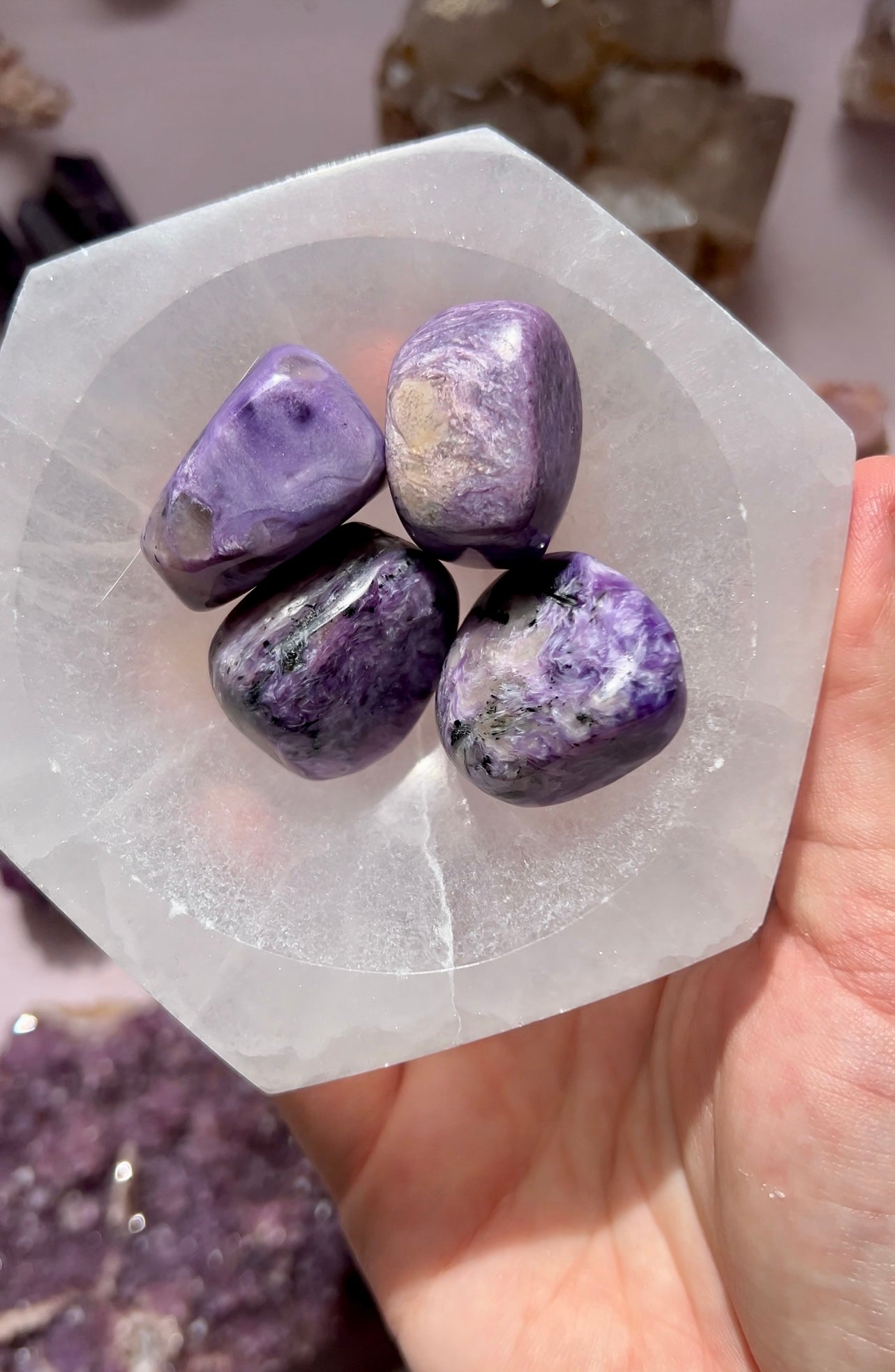 Rare Charoite tumbled stone from Murun Massif.