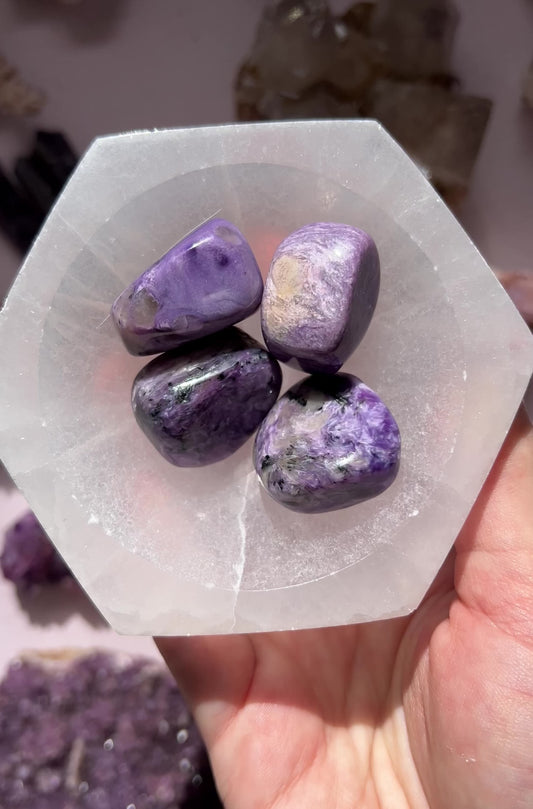 Rare Charoite tumbled stone from Murun Massif.